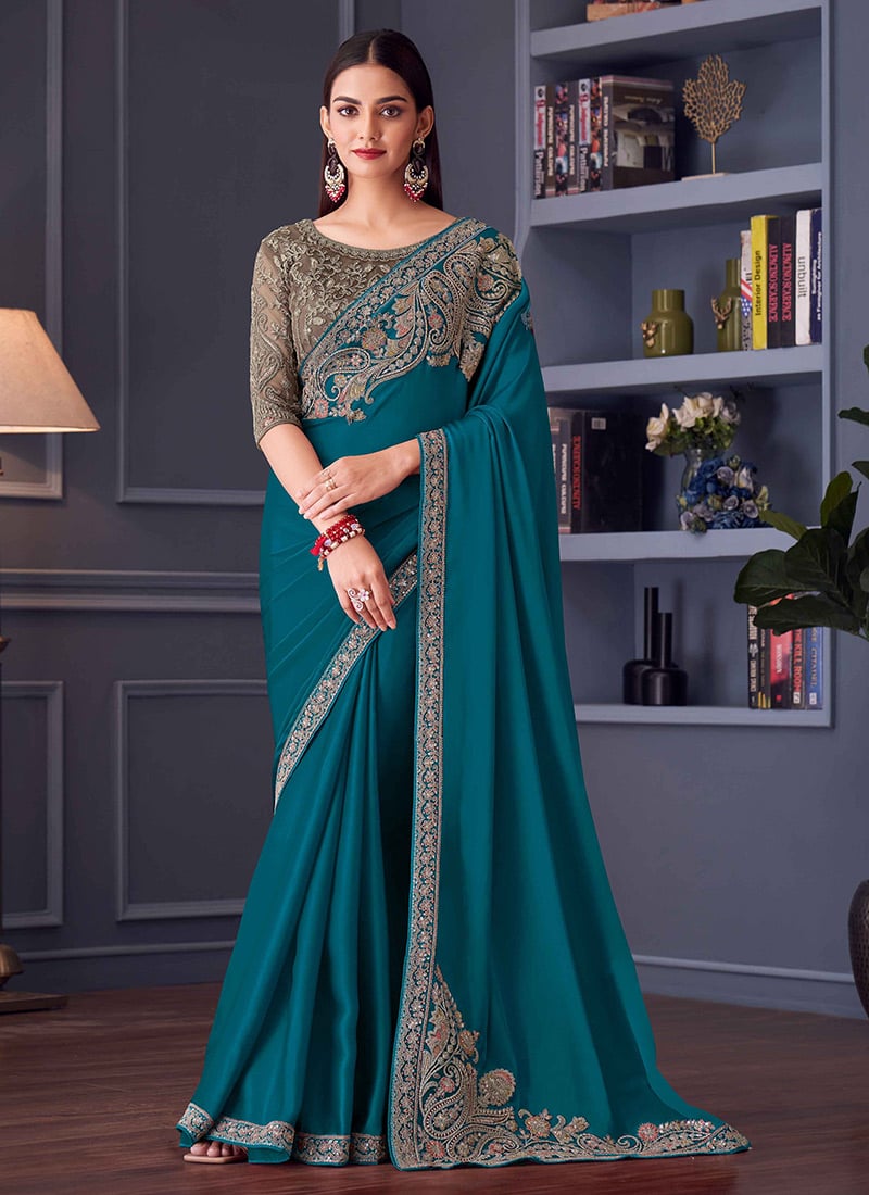 Teal Blue Silk Chiffon Embroidered Sequins Saree