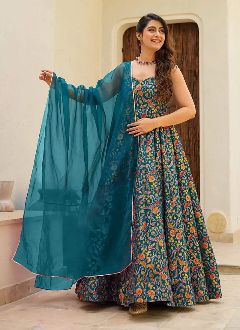Teal Blue Silk Digital Print Anarkali Suit