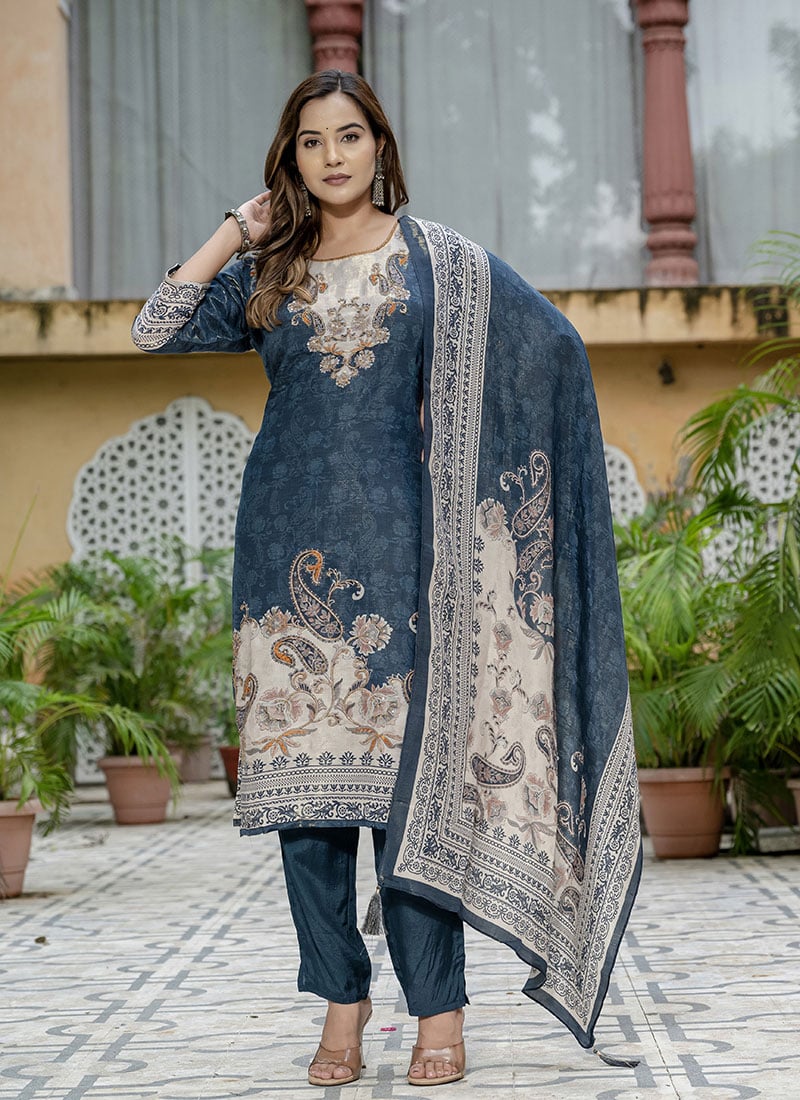 Teal Blue Silk Digital Print Zardosi Sequins And Beads Straight Pant Suit Festive Wear