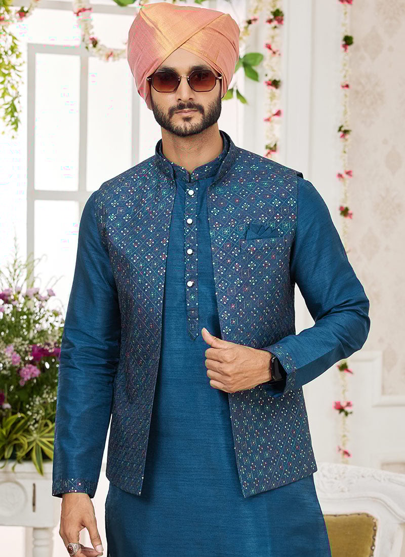 Teal Blue Silk Embroidered Bandhgala jacket For Men