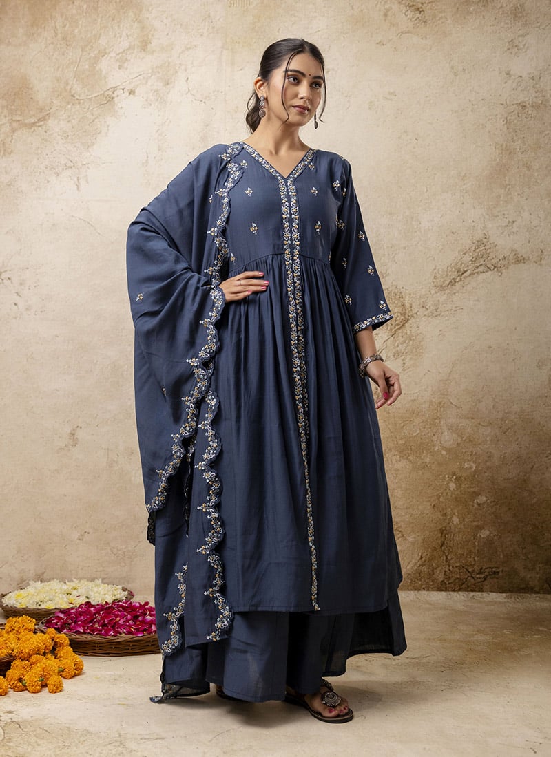 Teal Blue Silk Embroidered High Slit Palazzo Suit Festive Wear