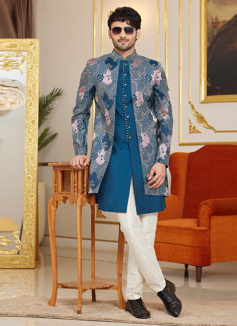 Teal Blue Silk Embroidered Indowestern Sherwani Wedding Wear