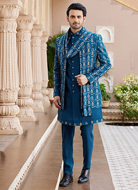 Teal Blue Silk Embroidered Indowestern Sherwani