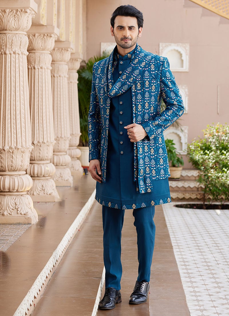 Teal Blue Silk Embroidered Indowestern Sherwani