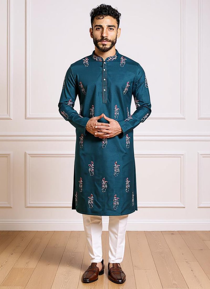 Teal Blue Silk Embroidered Kurta Pyjama Festive Wear