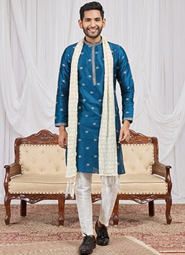Teal Blue Silk Embroidered Kurta Pyjama Festive Wear