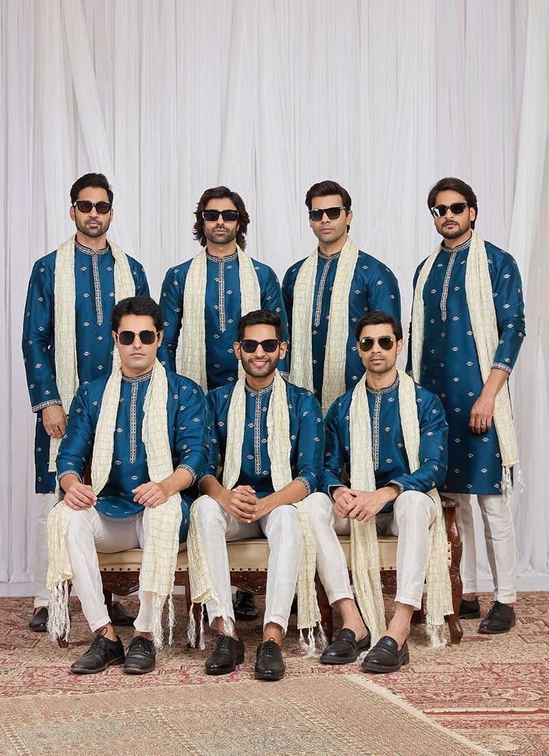 Teal Blue Silk Embroidered Kurta Pyjama Festive Wear