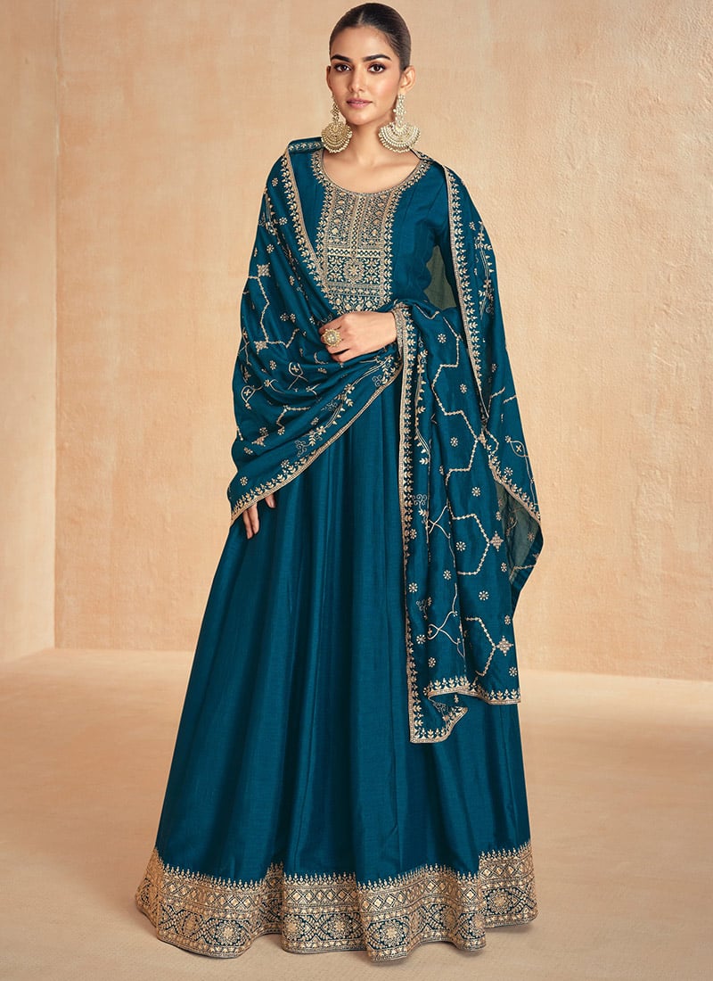 Teal Blue Silk Embroidered Sequins Abaya Style Elegant Anarkali Suit Festive Wear