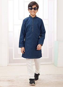 Teal Blue Silk Embroidered Sequins Kids Boys Kurta Pyjama