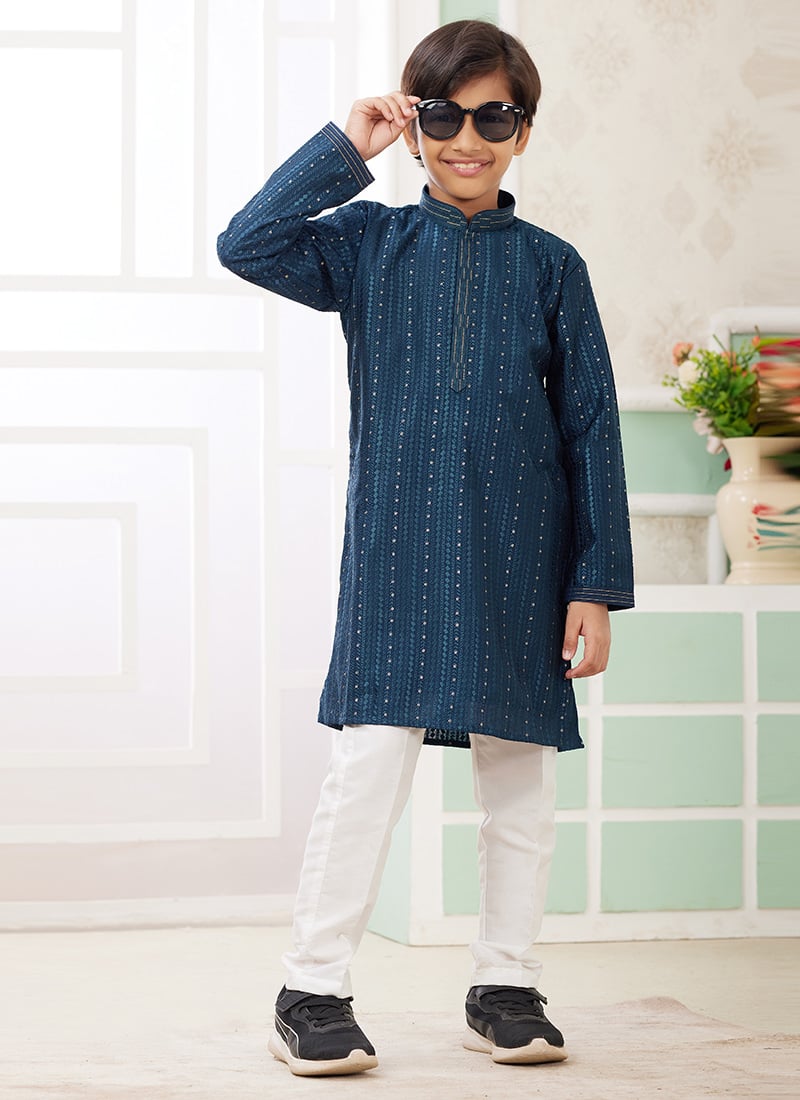 Teal Blue Silk Embroidered Sequins Kids Boys Kurta Pyjama Festive Wear
