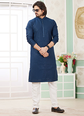 Teal Blue Silk Embroidered Sequins Kurta Pyjama For Men
