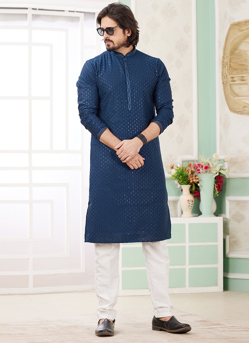 Teal Blue Silk Embroidered Sequins Kurta Pyjama For Men Festive Wear