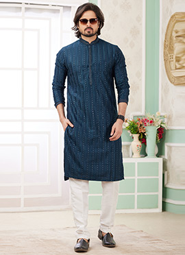 Teal Blue Silk Embroidered Sequins Kurta Pyjama For Men