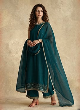 Teal Blue Silk Embroidered Sequins Palazzo Suit
