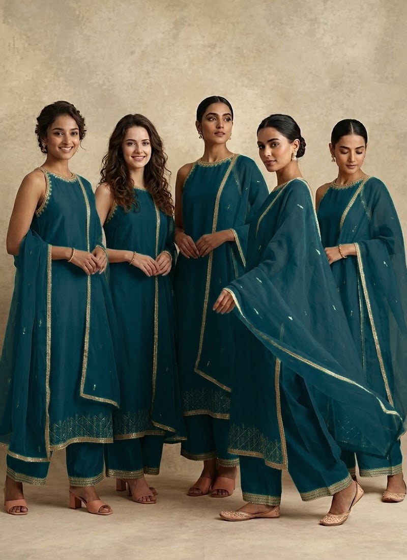 Teal Blue Silk Embroidered Sequins Palazzo Suit Festive Wear