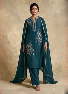 Teal Blue Silk Embroidered Sequins Palazzo Suit