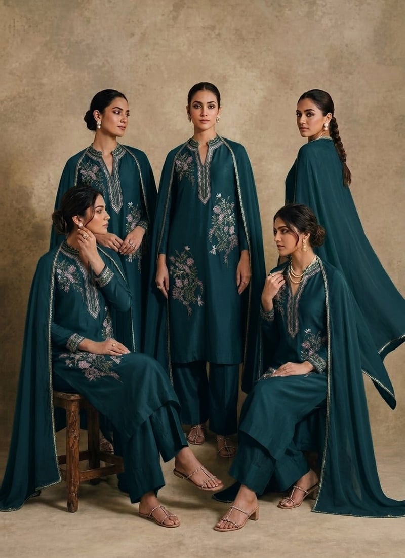 Teal Blue Silk Embroidered Sequins Palazzo Suit After Six Wear