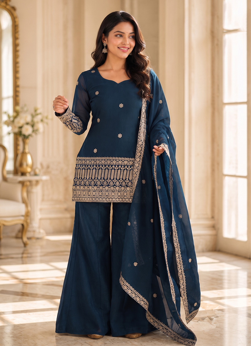 Teal Blue Silk Embroidered Sequins Palazzo Suit After Six Wear
