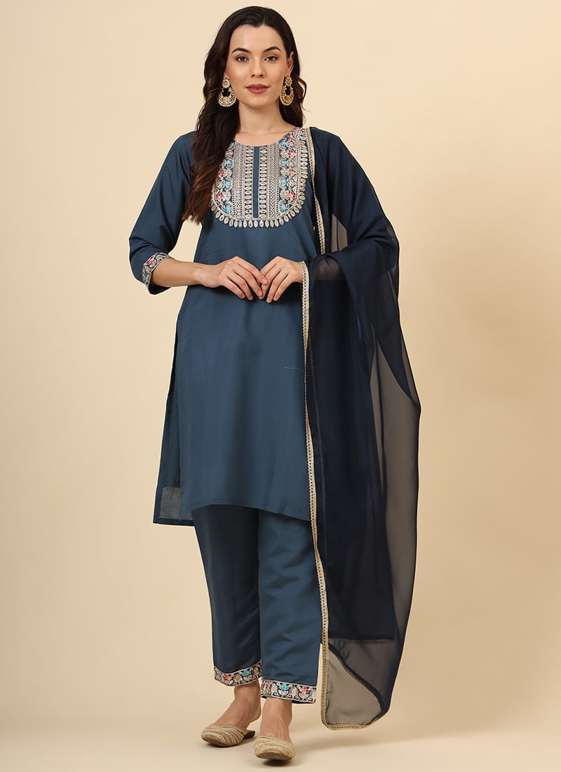 Teal Blue Silk Embroidered Sequins Straight Pant Suit After Six Wear