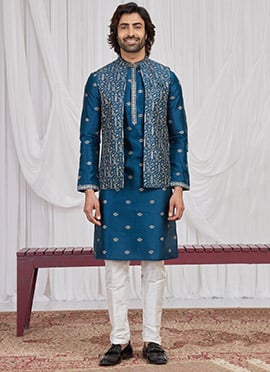 Teal Blue Silk Embroidered Sequins Thread Bandi Set Festive Wear