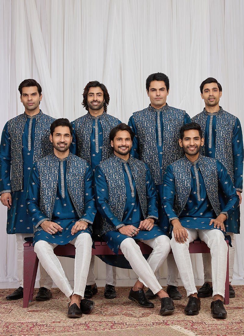 Teal Blue Silk Embroidered Sequins Thread Bandi Set Festive Wear