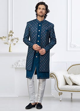 Teal Blue Silk Embroidered Sequins Thread Indowestern Sherwani