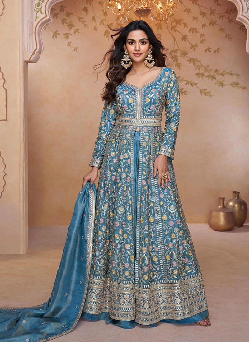 Teal Blue Silk Embroidered Sequins With Mirror Work High Slit Anarkali Suit  Festive Wear