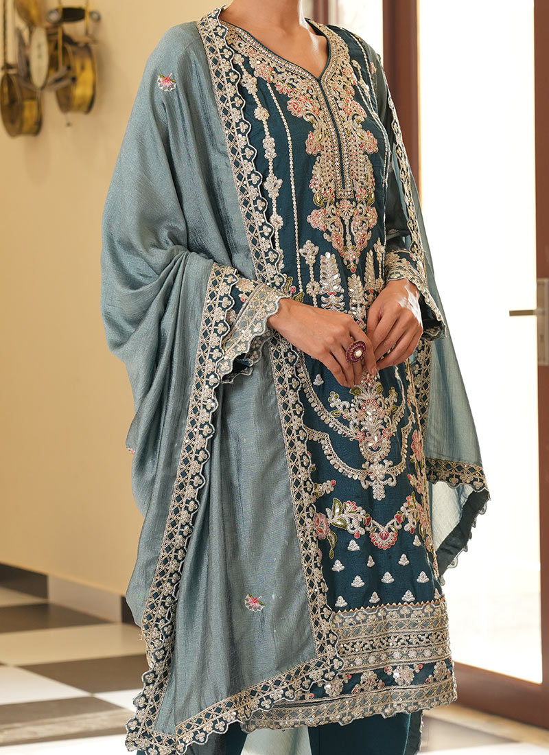 Teal Pant style Salwar Kameez Semi-Stitched Salwar Kameez main image 1