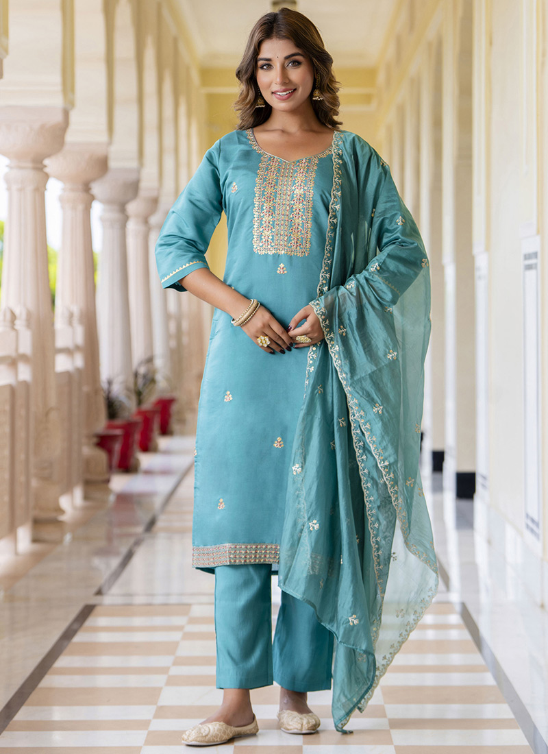 Teal Blue Silk Embroidered Straight Pant Suit