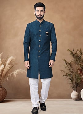 Teal Blue Silk Embroidered Thread Classic Sherwani