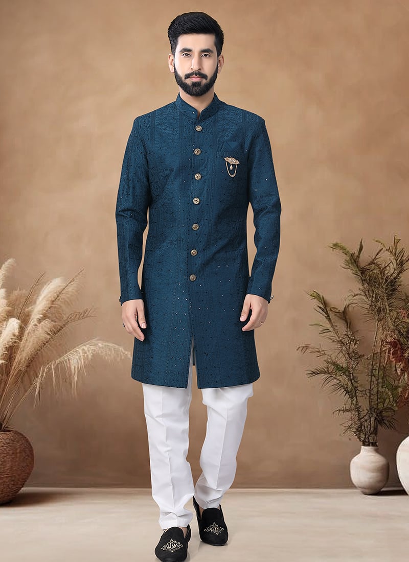 Teal Blue Silk Embroidered Thread Classic Sherwani Wedding Wear