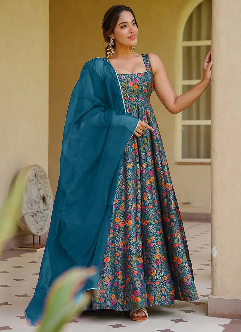 Teal Blue Silk Floral Digital Print Anarkali Suit Festive Wear