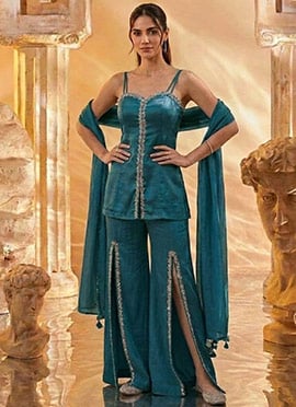Teal Blue Silk Hand Embroidered Cutdana With Stone Work Palazzo Suit