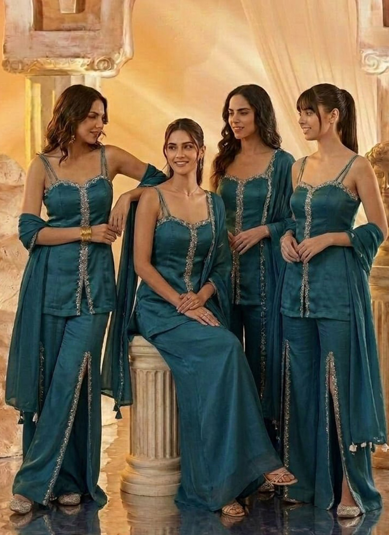 Teal Blue Silk Hand Embroidered Cutdana With Stone Work Palazzo Suit After Six Wear