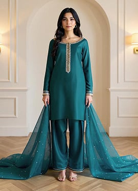 Teal Blue Silk Hand Embroidered Sequins Palazzo Suit