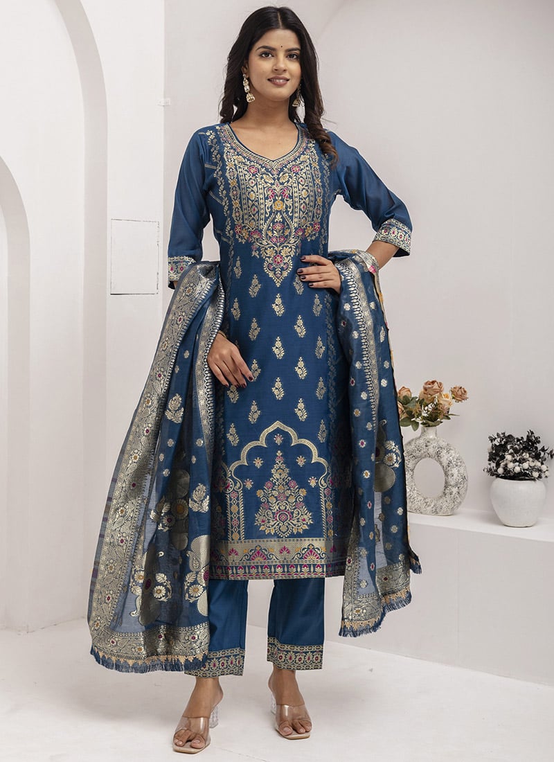 Teal Blue Silk Jacquard Hand Embroidered Woven Straight Pant Suit Festive Wear