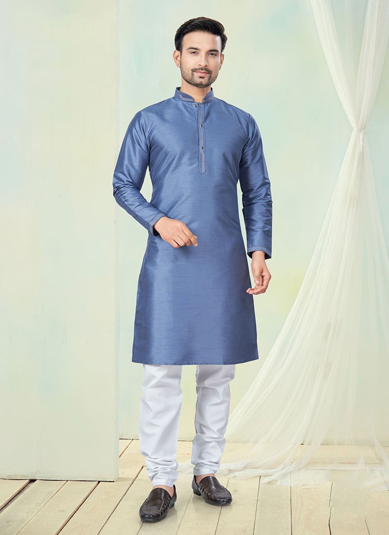Teal Blue Silk Kurta Pyjama For Men Festive Wear