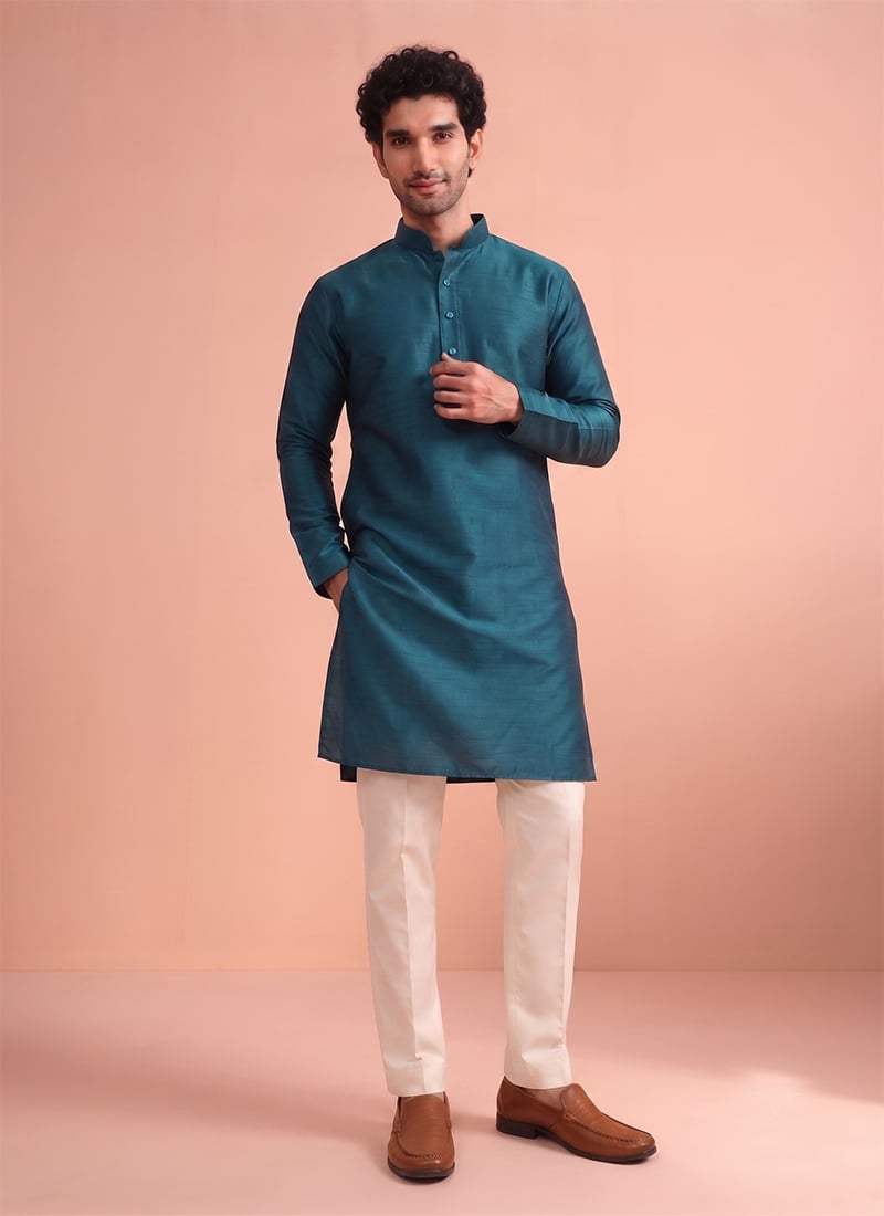 Teal Blue Silk Kurta Pyjama Festive Wear