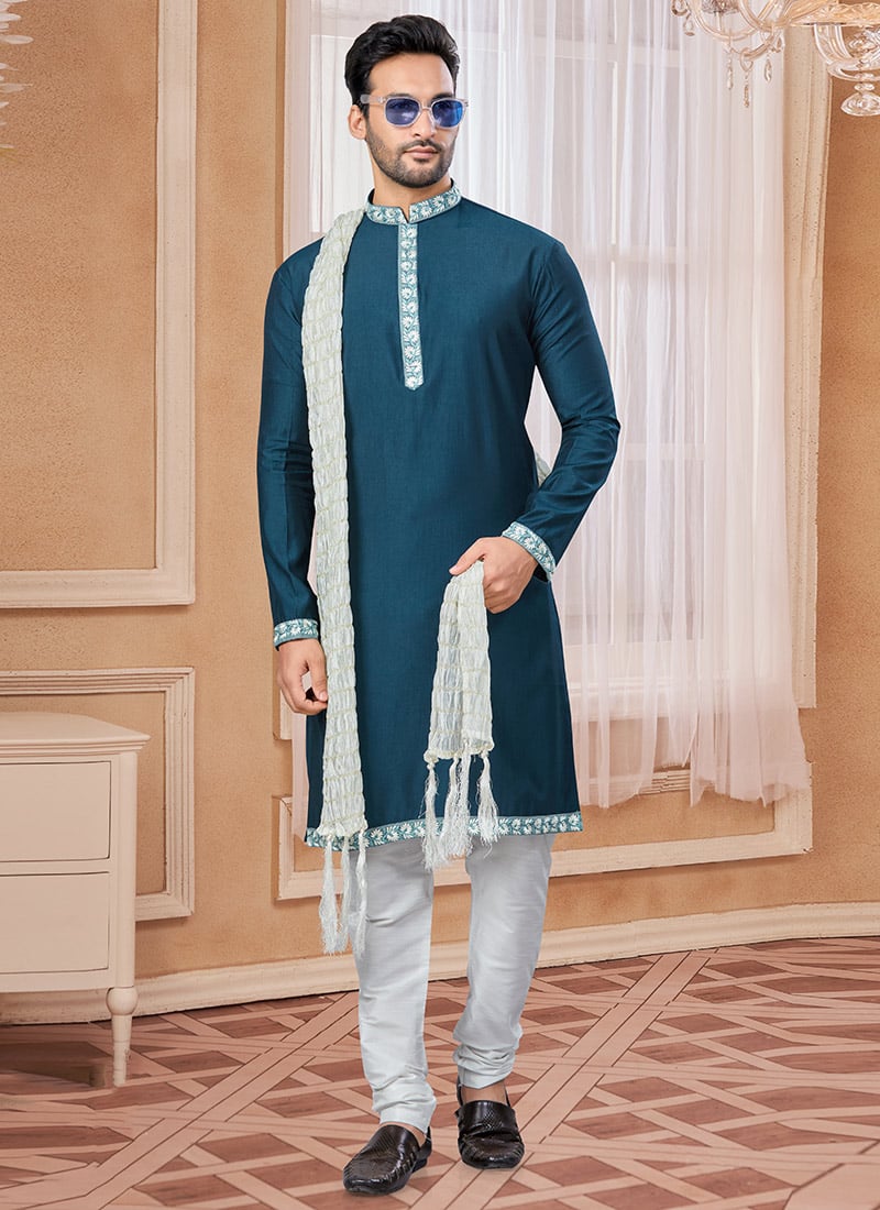Teal Blue Silk Lace Work Kurta Pyjama Festive Wear