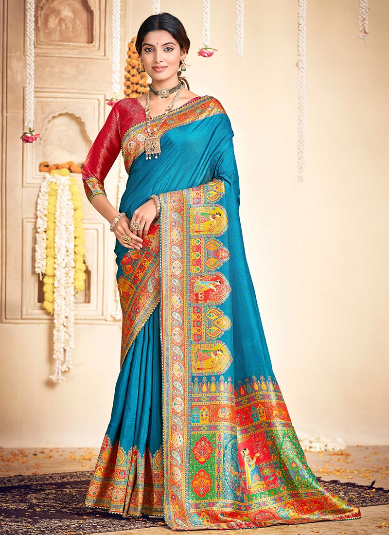 Teal Blue Silk Position Print Work Saree Festive Wear