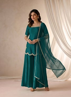 Teal Blue Silk Scalloped Neck Zari Sequins Palazzo Suit