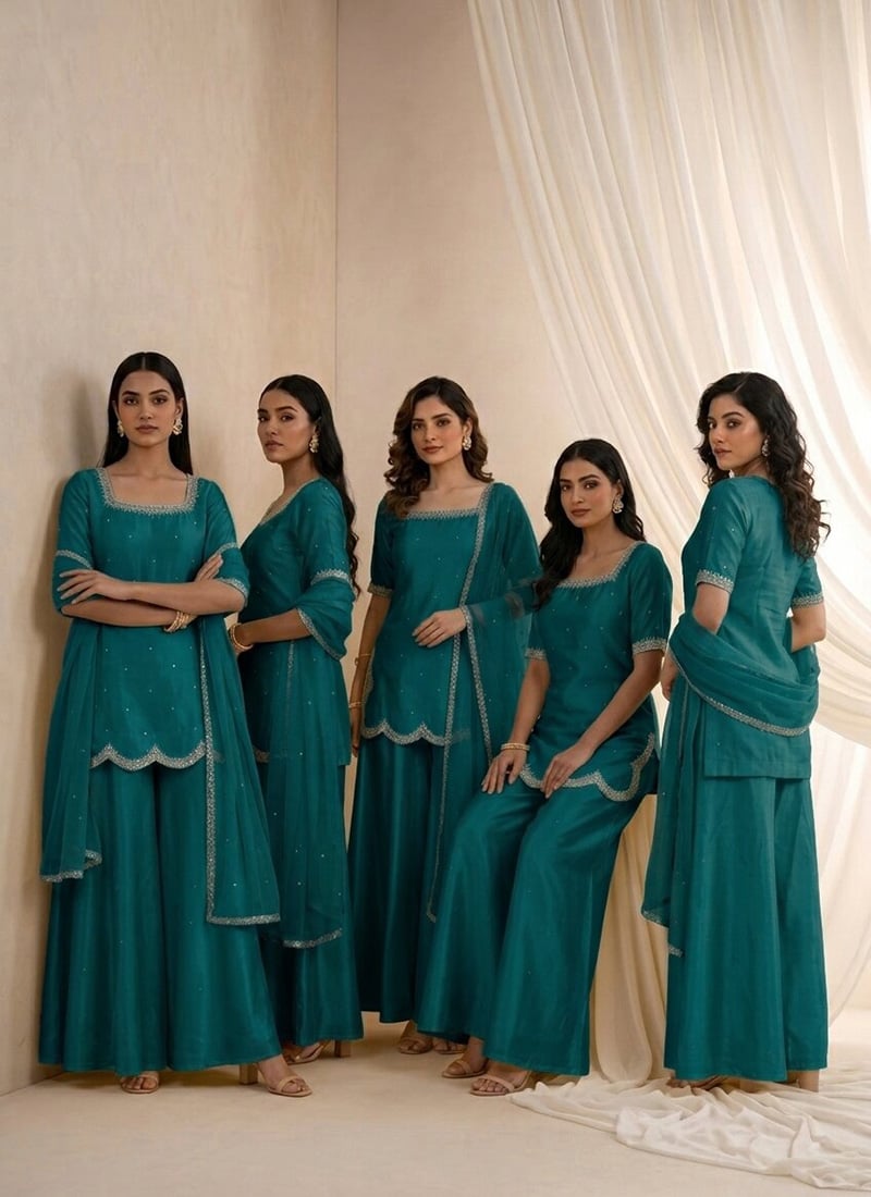 Teal Blue Silk Scalloped Neck Zari Sequins Palazzo Suit Festive Wear