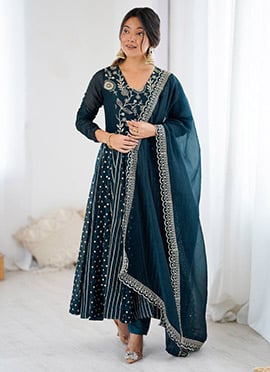 Teal Blue Silk Sequins Embroidered Anarkali Suit