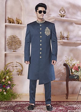 Teal Blue Silk Zardosi Stone Work Hand Work Indowestern Sherwani