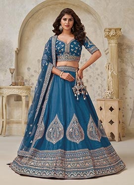 Teal Blue Silk Zari Embroidered Sequins Lehenga Choli