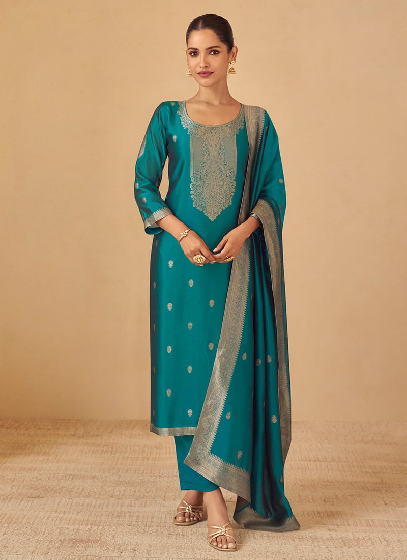 Teal Blue Silk Zari Embroidered Straight Pant Suit Festive Wear