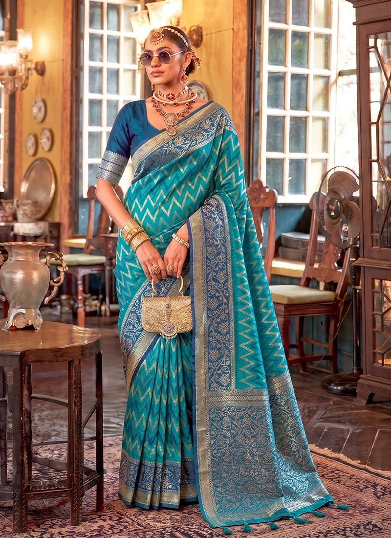 Teal Blue Silk Zari Saree Festive Wear