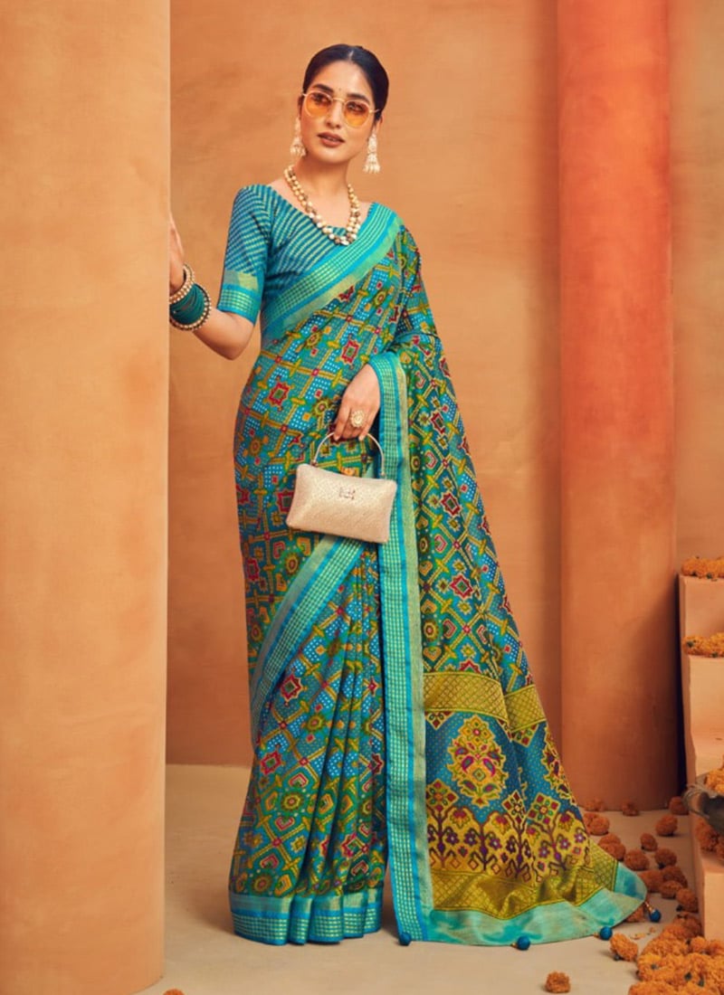 Teal Blue Soft Cotton Silk Printed With Zari Work Saree