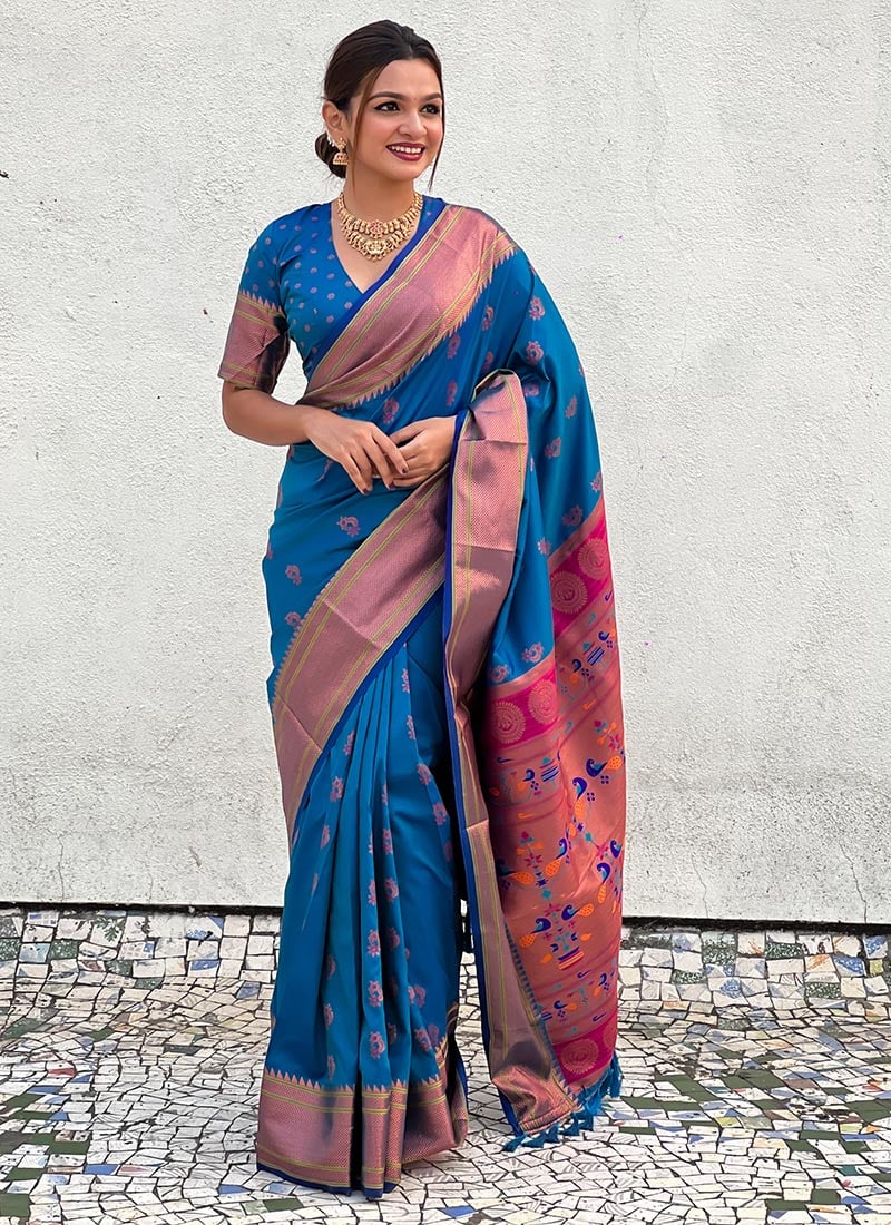 Teal Blue Soft Silk Zari Woven Meenakari Print Saree Festive Wear