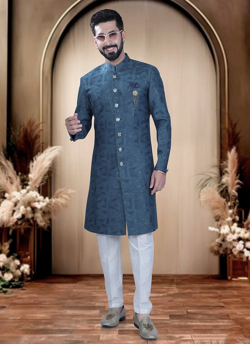 Teal Blue Terry Rayon Zari Indowestern Sherwani  For Men